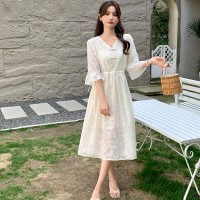 608新中式盘扣V领素色腰间抽绳连衣裙