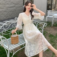 608新中式盘扣V领素色腰间抽绳连衣裙