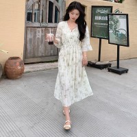 608新中式盘扣V领素色腰间抽绳连衣裙