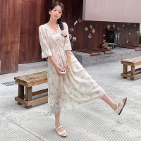 608新中式盘扣V领素色腰间抽绳连衣裙