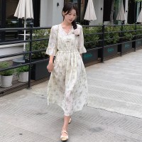 608新中式盘扣V领素色腰间抽绳连衣裙