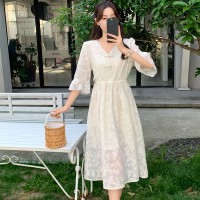 608新中式盘扣V领素色腰间抽绳连衣裙