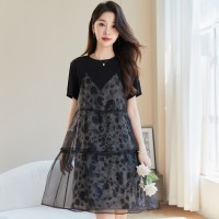 假两件拼接连衣裙女夏季新款小个子气质显瘦薄款遮肚子中裙女