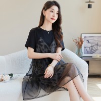 假两件拼接连衣裙女夏季新款小个子气质显瘦薄款遮肚子中裙女