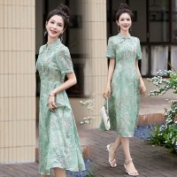 新中式收腰裙2024年夏季连衣裙女中腰短袖裙子