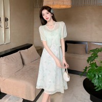 优雅清新绿色碎花连衣裙配开衫两件套065