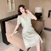 优雅清新绿色碎花连衣裙配开衫两件套065