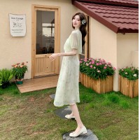 优雅清新绿色碎花连衣裙配开衫两件套065