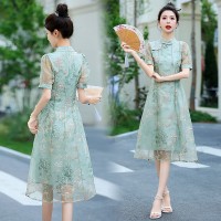 《现货》刺绣盘口连衣裙欧根纱新中式