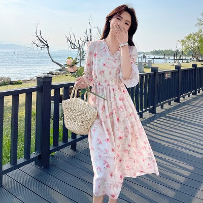 <!--新款花边V领腰间抽绳修身中式连衣裙155-->