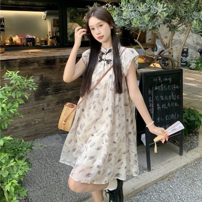 <!--现货盘扣设计碎花小飞袖水墨印花连衣裙-->
