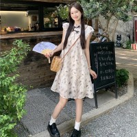 现货盘扣设计碎花小飞袖水墨印花连衣裙
