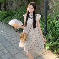 现货盘扣设计碎花小飞袖水墨印花连衣裙