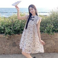 现货盘扣设计碎花小飞袖水墨印花连衣裙