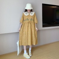森系刺绣蕾丝娃娃领系带短袖连衣裙夏长裙