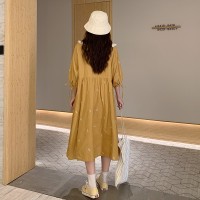 森系刺绣蕾丝娃娃领系带短袖连衣裙夏长裙