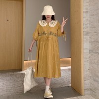 森系刺绣蕾丝娃娃领系带短袖连衣裙夏长裙