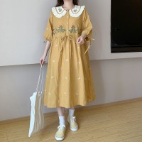 森系刺绣蕾丝娃娃领系带短袖连衣裙夏长裙
