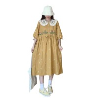 森系刺绣蕾丝娃娃领系带短袖连衣裙夏长裙