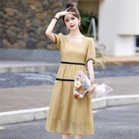 方领连衣裙女2024年夏季新款拼色气质显瘦宽松过膝时尚长裙