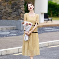 方领连衣裙女2024年夏季新款拼色气质显瘦宽松过膝时尚长裙