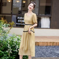 方领连衣裙女2024年夏季新款拼色气质显瘦宽松过膝时尚长裙