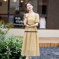 方领连衣裙女2024年夏季新款拼色气质显瘦宽松过膝时尚长裙