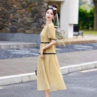 方领连衣裙女2024年夏季新款拼色气质显瘦宽松过膝时尚长裙