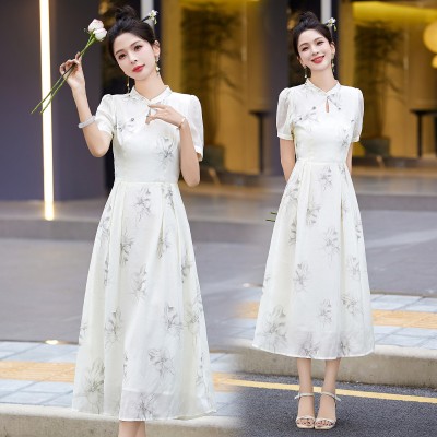 <!--新中式现货夏装流行收腰气质淑女显瘦清新天丝棉连衣裙-->