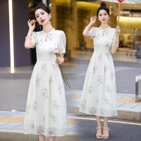 新中式现货夏装流行收腰气质淑女显瘦清新天丝棉连衣裙