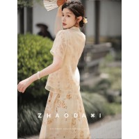 《杏花烟雨.中式风套装》很显气质上衣衬衫+A字裙