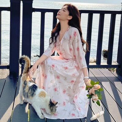 <!--新中式重工蝴蝶花盘扣中长款印花连衣裙155-->