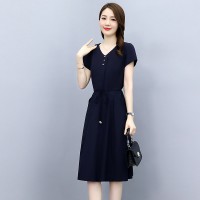 夏季短袖连衣裙女2024年韩版百搭简约百搭收腰显瘦中长款打底裙