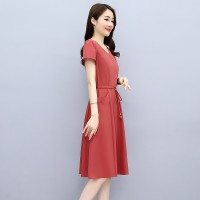 夏季短袖连衣裙女2024年韩版百搭简约百搭收腰显瘦中长款打底裙