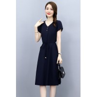 夏季短袖连衣裙女2024年韩版百搭简约百搭收腰显瘦中长款打底裙
