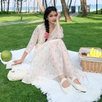 2024夏季新中式盘扣斜领碎花连衣裙155