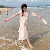 2024夏季新中式盘扣斜领碎花连衣裙155