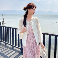 两件套新中式防晒衣短外套印花吊带连衣裙套装155