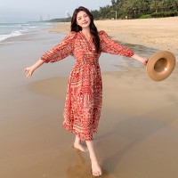 优雅V领碎花开衩一片式连衣裙155