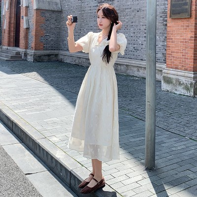 <!--新款泡泡袖V领盘扣印花新中式连衣裙155-->