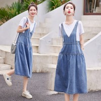 2024年夏季新款女装韩版休闲大码牛仔假两件连衣裙