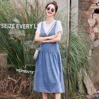2024年夏季新款女装韩版休闲大码牛仔假两件连衣裙