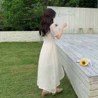 印花V领连衣裙2024夏季新款短袖中长款松紧腰法式裙子