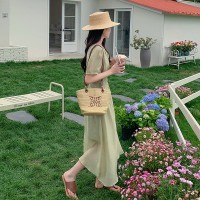 印花V领连衣裙2024夏季新款短袖中长款松紧腰法式裙子