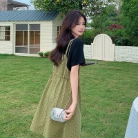 T恤拼接假两件套女式2024夏圆领及膝短袖套头连衣裙