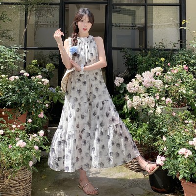 <!--现货绝美复古优雅水墨花设计感碎花挂脖连衣裙M704-->