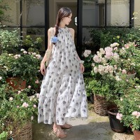 现货绝美复古优雅水墨花设计感碎花挂脖连衣裙M704