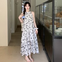 现货绝美复古优雅水墨花设计感碎花挂脖连衣裙M704