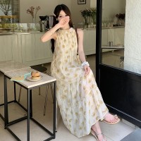 现货绝美复古优雅水墨花设计感碎花挂脖连衣裙M704