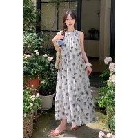 现货绝美复古优雅水墨花设计感碎花挂脖连衣裙M704